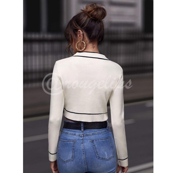 Off White Cropped Cardigan Contrast Black Binding Button Front Silver Buttons - Picture 3 of 7